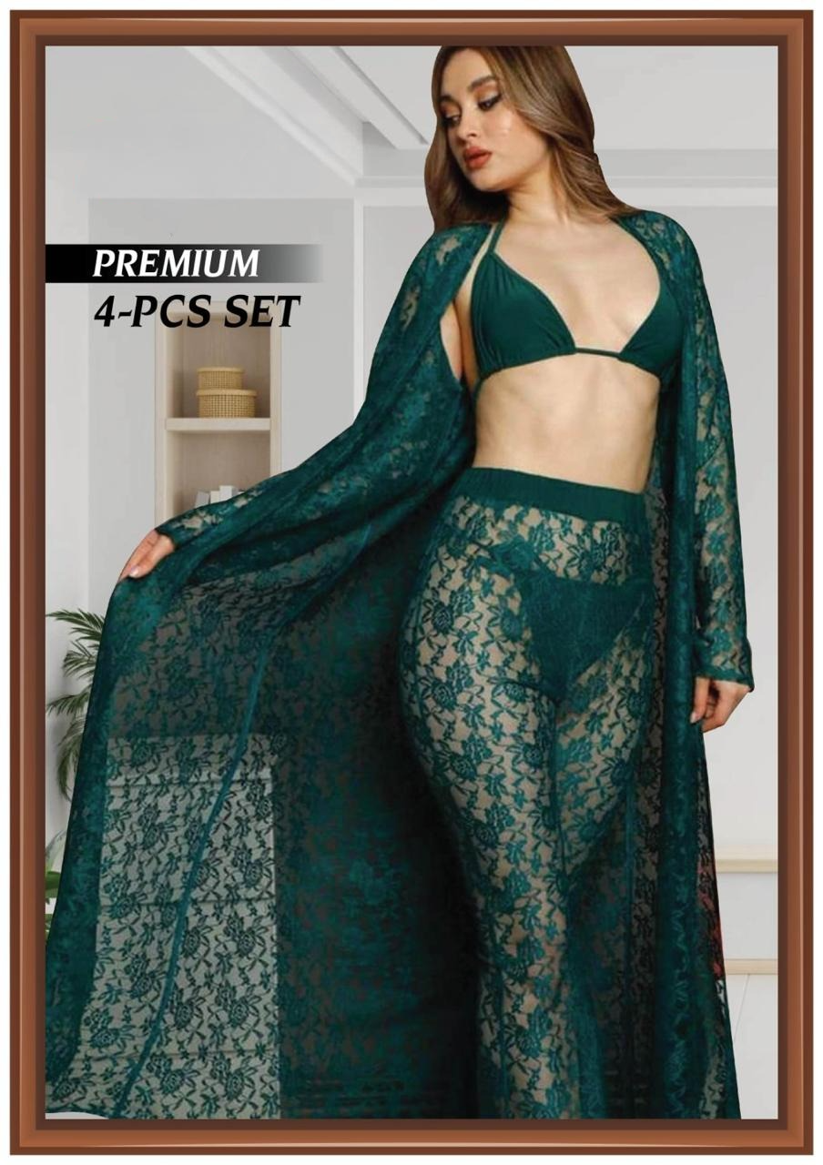 Yumi Nights Premium 4-Piece Lace Lingerie Set – Emerald Allure