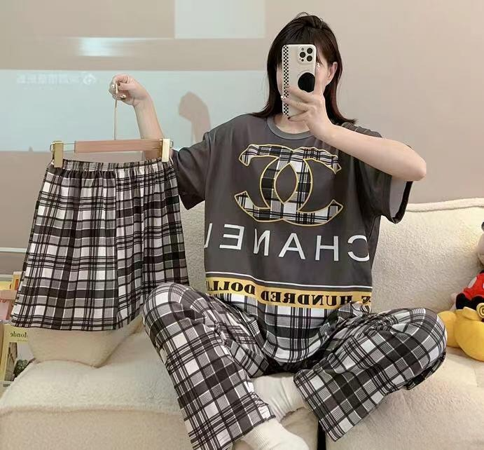 Trendy Plaid Printed Chanel-Inspired Loungewear Set (T-Shirt + Pants + Short)