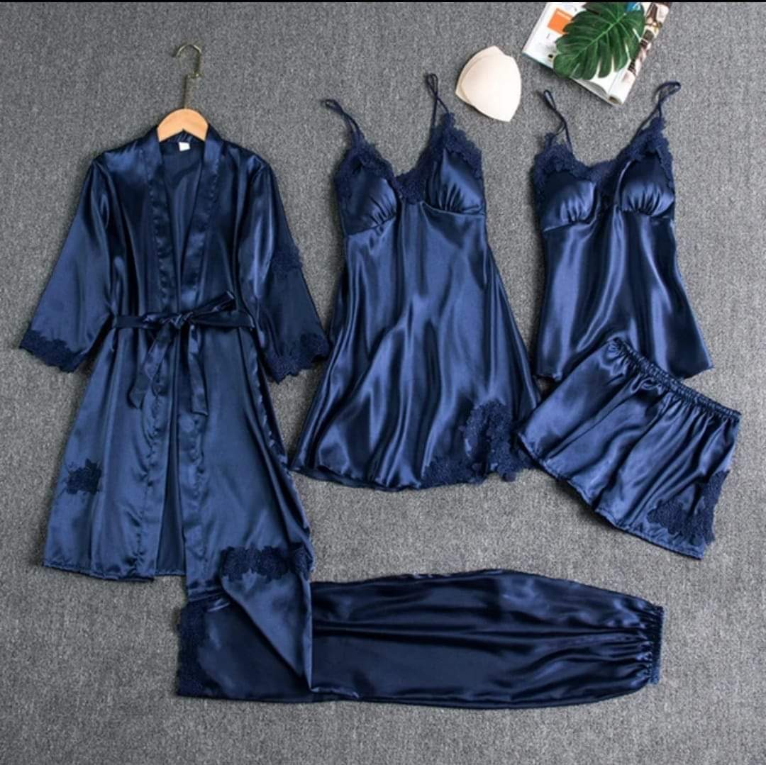 Yumi Nights 5-Piece Satin Lingerie Sleepwear Set – Midnight Blue Grace