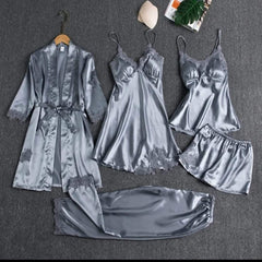 YUMI NIGHTS Silver Whisper 5-Piece Satin Lounge Set