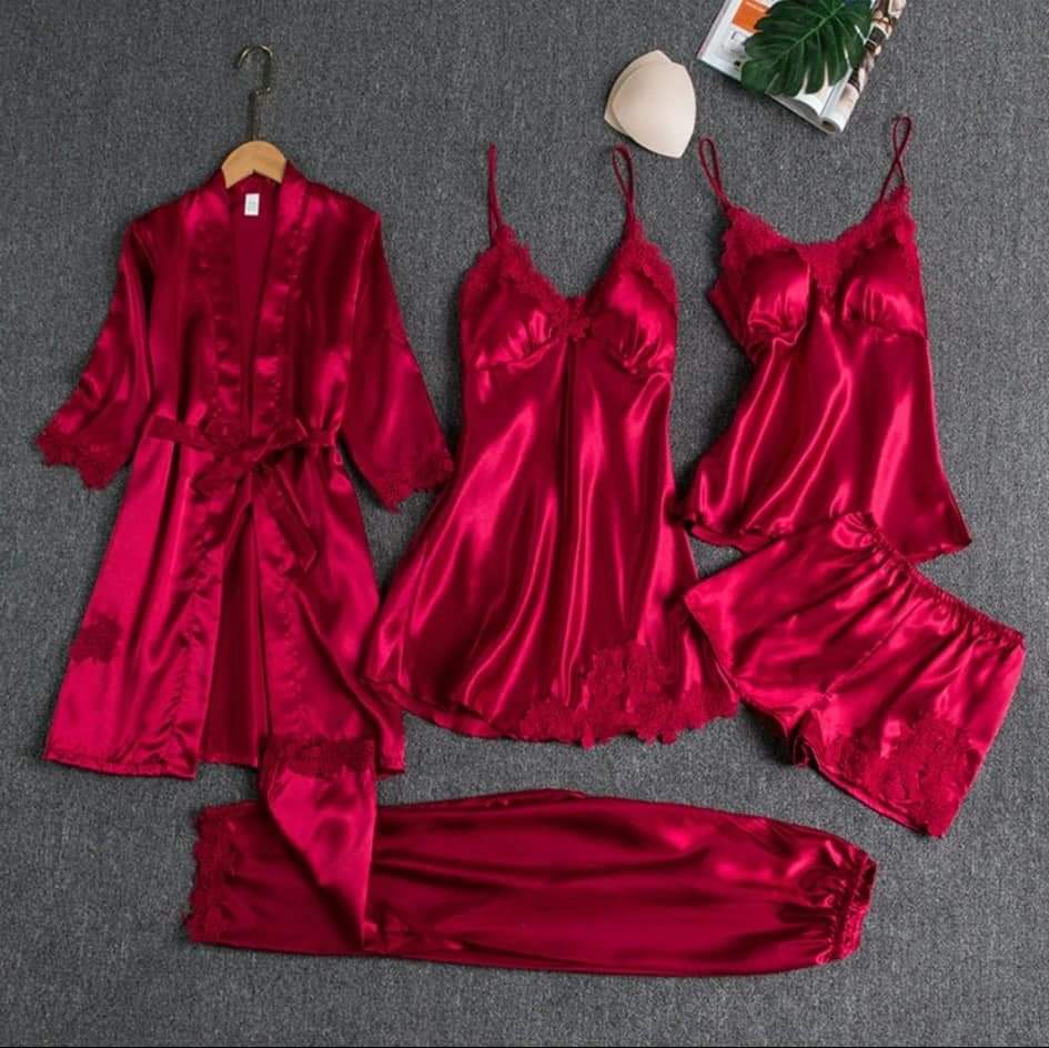 YUMI NIGHTS Ruby Romance Satin Lounge Set – 5 Pieces